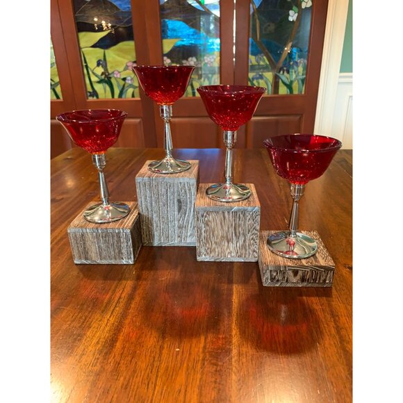 Vintage Cambridge Tally Ho Ruby Red And Chrome Liquor Glasses. 1930s - Picture 3 of 15